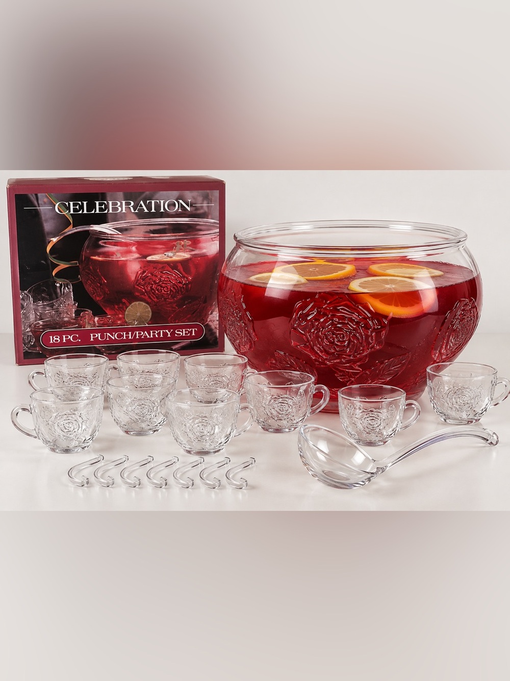 Vintage Celebration 18-Pc Glass Punch / Party Set – Rose Pattern